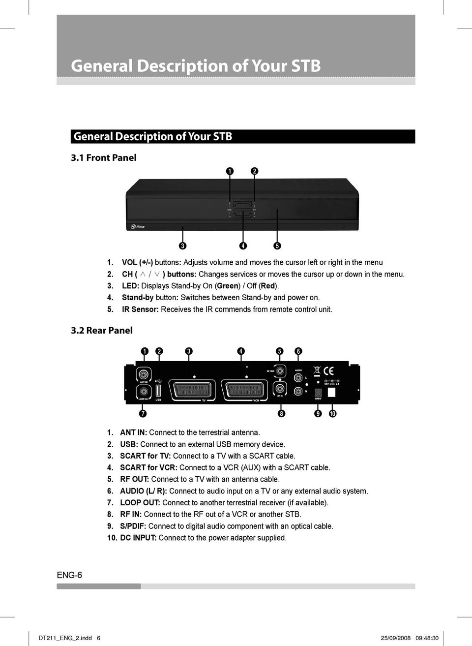 IR Sensor: Receives the IR commends from remote control unit. 1 2 3 4 5 6 7 8 9 0 1. ANT IN: Connect to the terrestrial antenna. 2. USB: Connect to an external USB memory device. 3. SCART for TV: Connect to a TV with a SCART cable.