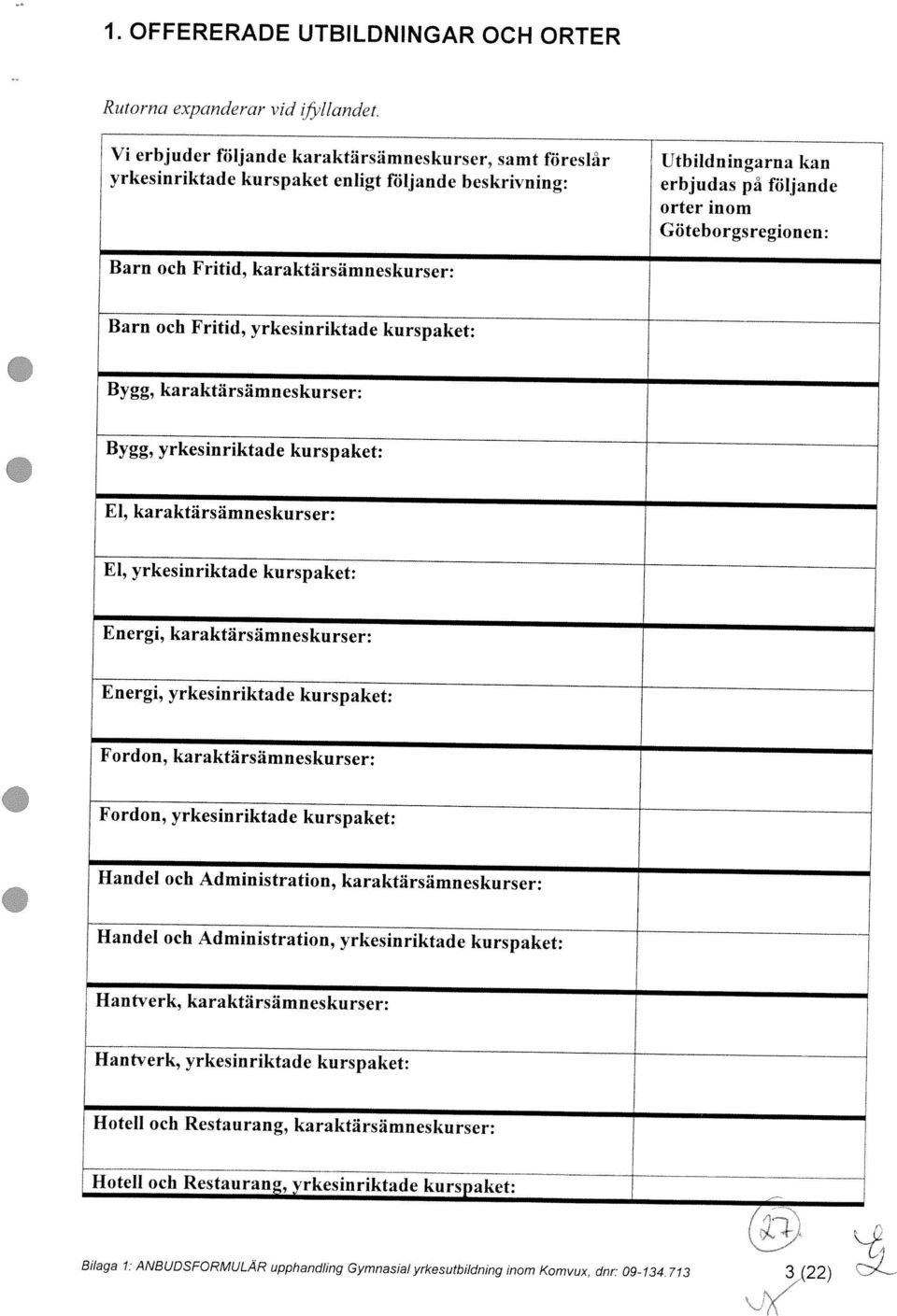 dnr: 09134 713 3(22) :-;Z Hotell och Restaurang, yrkesinriktade kurspaket: Hotell och Restaurang, karaktärsämneskurser: Hantverk, yrkesinriktade kurspaket: Hantverk, karaktärsäinneskurser: 1 Handel