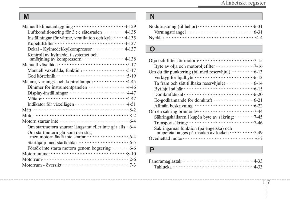 kontrollampor 4-45 Dimmer för instrumentpanelen 4-46 Display-inställningar 4-47 Mätare 4-47 Indikator för växellägen 4-51 Mått 8-2 Motor 8-2 Motorn startar inte 6-4 Om startmotorn snurrar långsamt