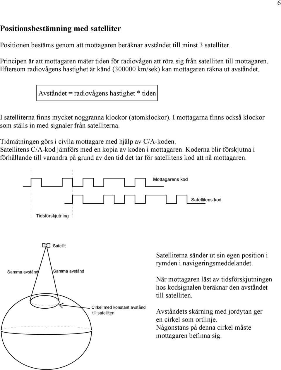 Avståndet = radiovågens hastighet * tiden I satelliterna finns mycket noggranna klockor (atomklockor). I mottagarna finns också klockor som ställs in med signaler från satelliterna.