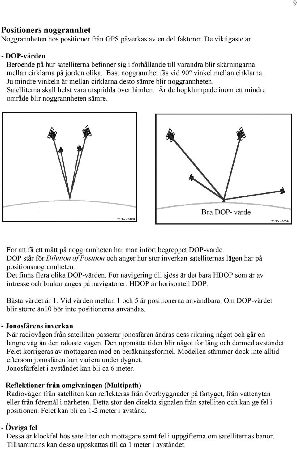 Bäst noggrannhet fås vid 90 vinkel mellan cirklarna. Ju mindre vinkeln är mellan cirklarna desto sämre blir noggrannheten. Satelliterna skall helst vara utspridda över himlen.