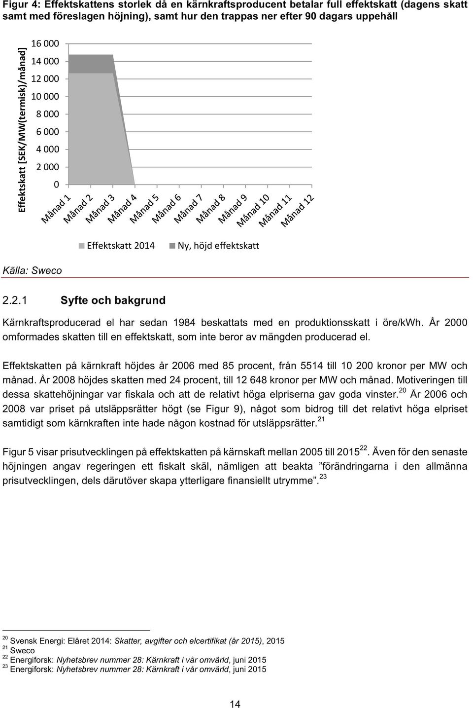 År 2 omformades skatten till en effektskatt, som inte beror av mängden producerad el. Effektskatten på kärnkraft höjdes år 26 med 85 procent, från 5514 till 1 2 kronor per MW och månad.