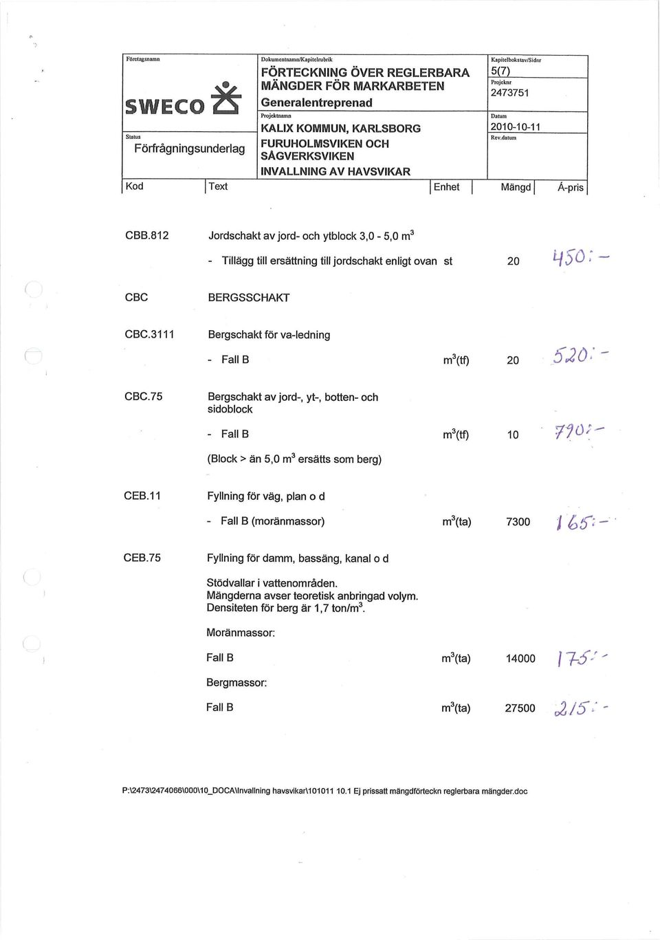 75 Bergschakt av jord-, yt-, botten- och sidoblock - Fall B m 3 (tf) 10 7?ö. (Block > än 5,0 m 3 ersätts som berg) CEB.11 Fyllning för väg, plan o d - Fall B (moränmassor) m 3 (ta) 7300 / ' ; - CEB.