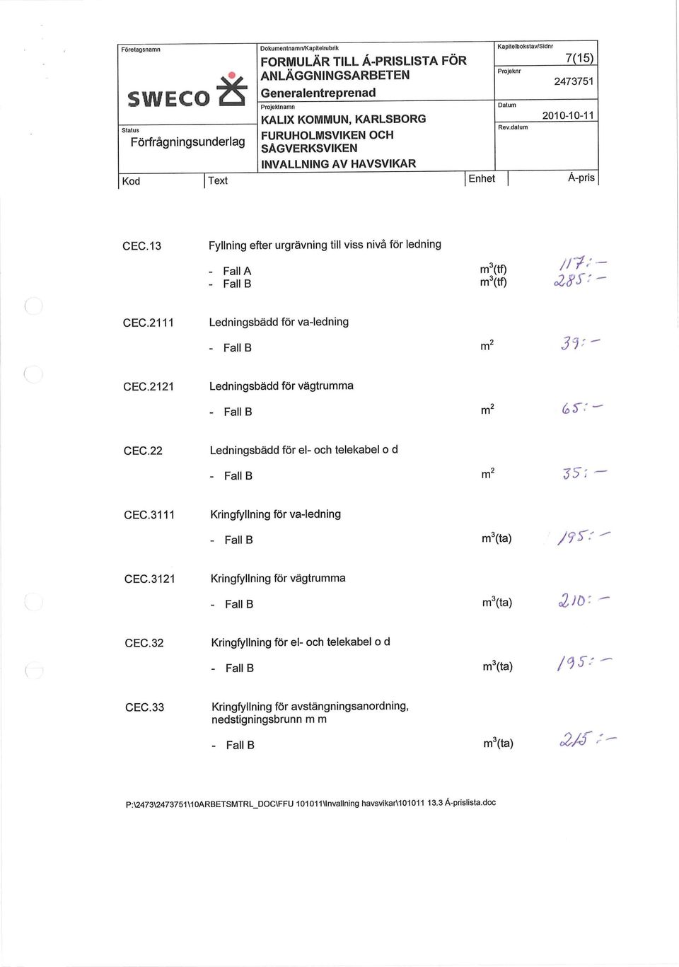 2121 Ledningsbädd förvägtrumma - Fall B nr Gf' CEC.22 Ledningsbädd för el- och telekabel o d - Fall B nr TS: CEC.3111 Kringfyllning för va-ledning - Fall B m 3 (ta) J9^- CEC.