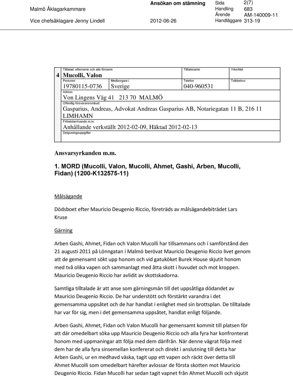 MORD (Mucolli, Valon, Mucolli, Ahmet, Gashi, Arben, Mucolli, Fidan) (1200-K132575-11) Målsägande Dödsboet efter Mauricio Deugenio Riccio, företräds av målsägandebiträdet Lars Kruse Gärning Arben