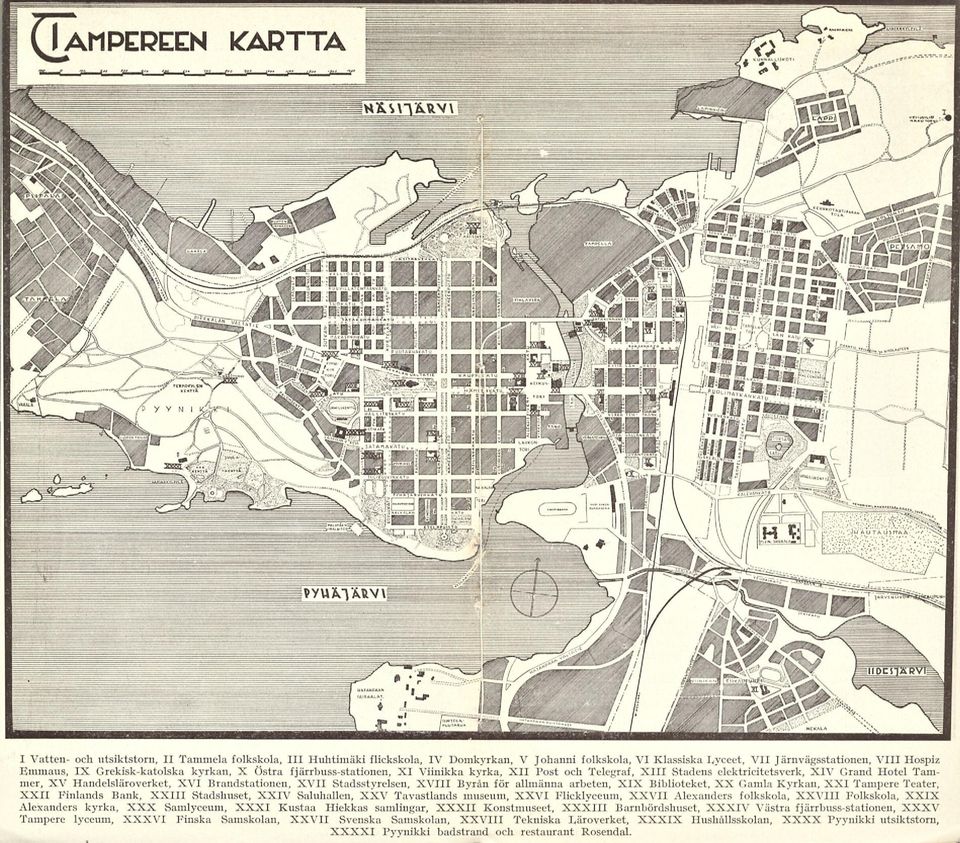 Stadsstyrelsen, XVIII Byrån för allmänna arbeten, XIX Biblioteket, XX Gamla Kyrkan, XXI Tampere Teater, XXII Finlands Bank, XXIII Stadshuset, XXIV Saluhallen, XXV 7 Tavastlands museum, XXVI