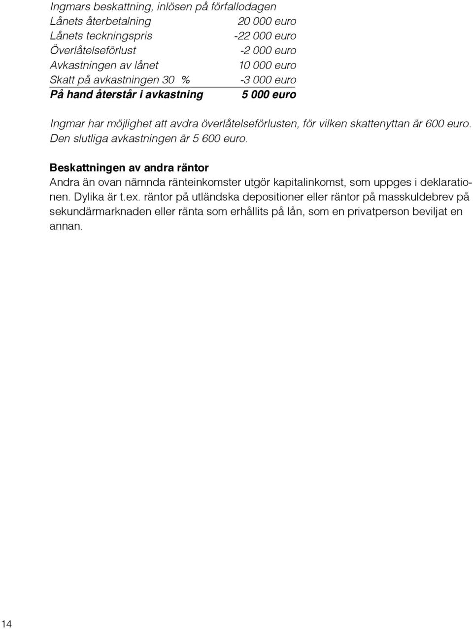600 euro. Den slutliga avkastningen är 5 600 euro. Beskattningen av andra räntor Andra än ovan nämnda ränteinkomster utgör kapitalinkomst, som uppges i deklarationen.