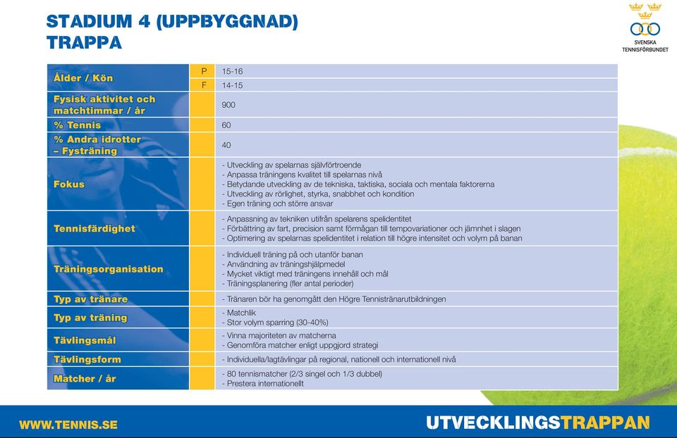 Tennisfärdighet Träningsorganisation Typ av tränare Typ av träning Tävlingsmål Tävlingsform Matcher / år - Anpassning av tekniken utifrån spelarens spelidentitet - Förbättring av fart, precision samt