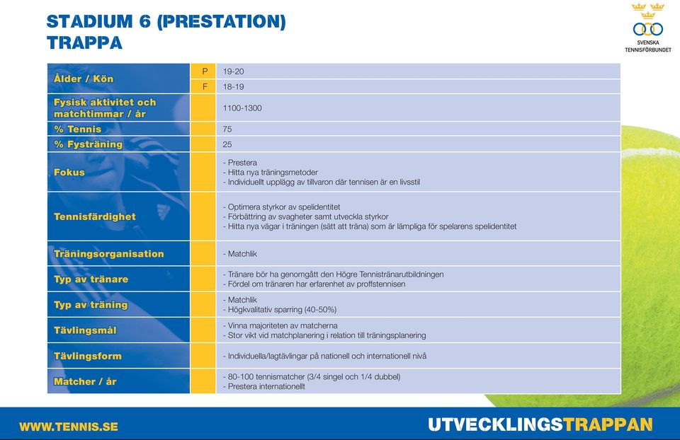 för spelarens spelidentitet Träningsorganisation Typ av tränare Typ av träning Tävlingsmål Tävlingsform Matcher / år - Matchlik - Tränare bör ha genomgått den Högre Tennistränarutbildningen - Fördel