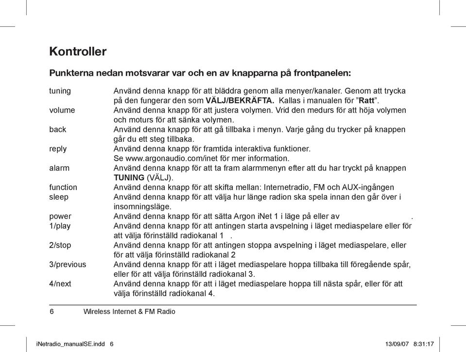 Vrid den medurs för att höja volymen och moturs för att sänka volymen. back Använd denna knapp för att gå tillbaka i menyn. Varje gång du trycker på knappen går du ett steg tillbaka.