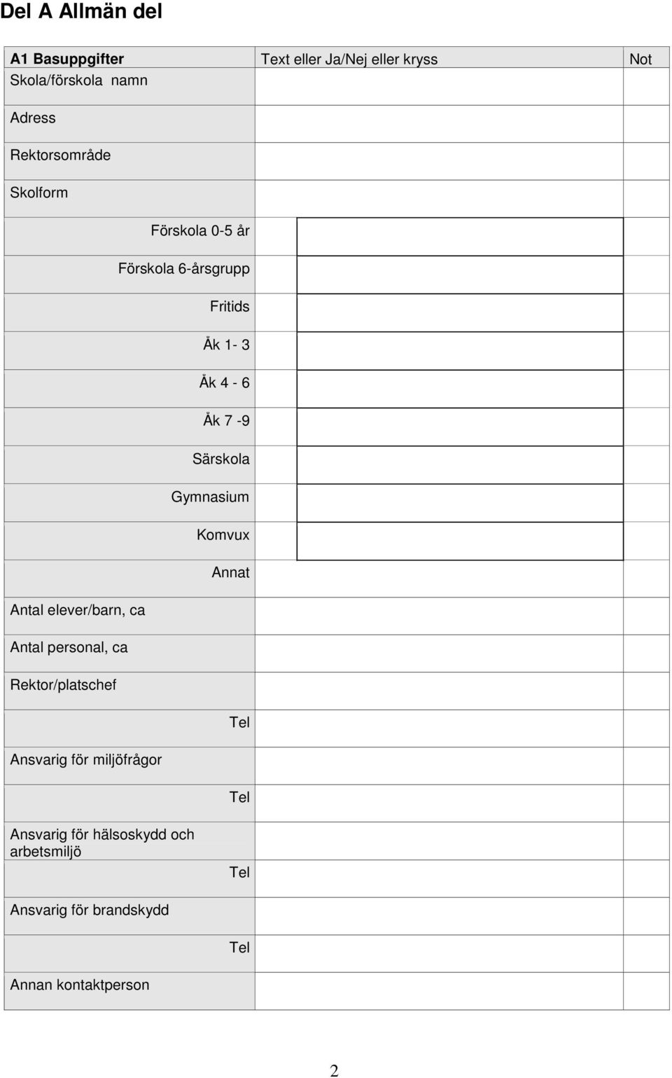 miljöfrågor Förskola 0-5 år Förskola 6-årsgrupp Fritids Åk 1-3 Åk 4-6 Åk 7-9 Särskola Gymnasium