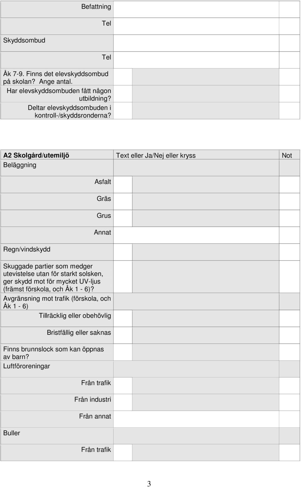 A2 Skolgård/utemiljö Text eller Ja/Nej eller kryss Not Beläggning Regn/vindskydd Asfalt Gräs Grus Annat Skuggade partier som medger utevistelse utan för
