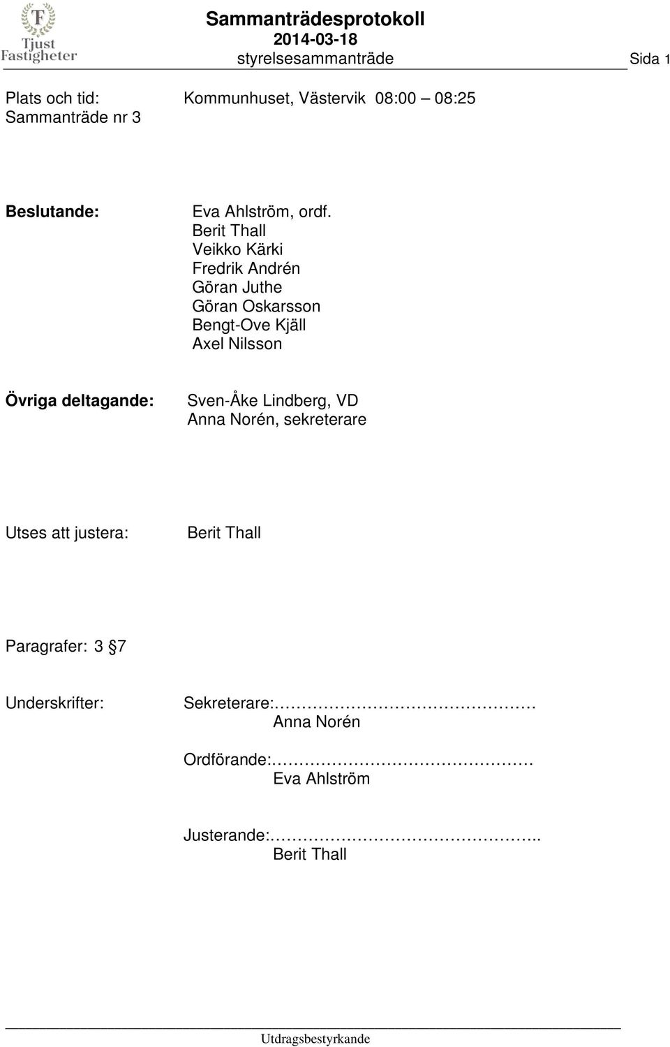 Berit Thall Veikko Kärki Fredrik Andrén Göran Juthe Göran Oskarsson Bengt-Ove Kjäll Axel Nilsson Övriga deltagande: