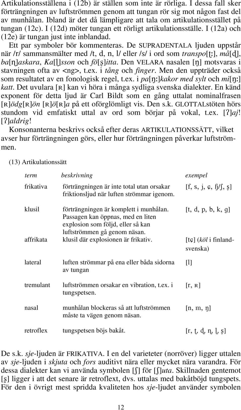 Ett par symboler bör kommenteras. De SUPRADENTALA ljuden uppstår när /r/ sammansmälter med /t, d, n, l/ eller /s/ i ord som transpo[ˇ ], må[í], ba[ ]askara, Ka[Ò]sson och fö[ß]itta.