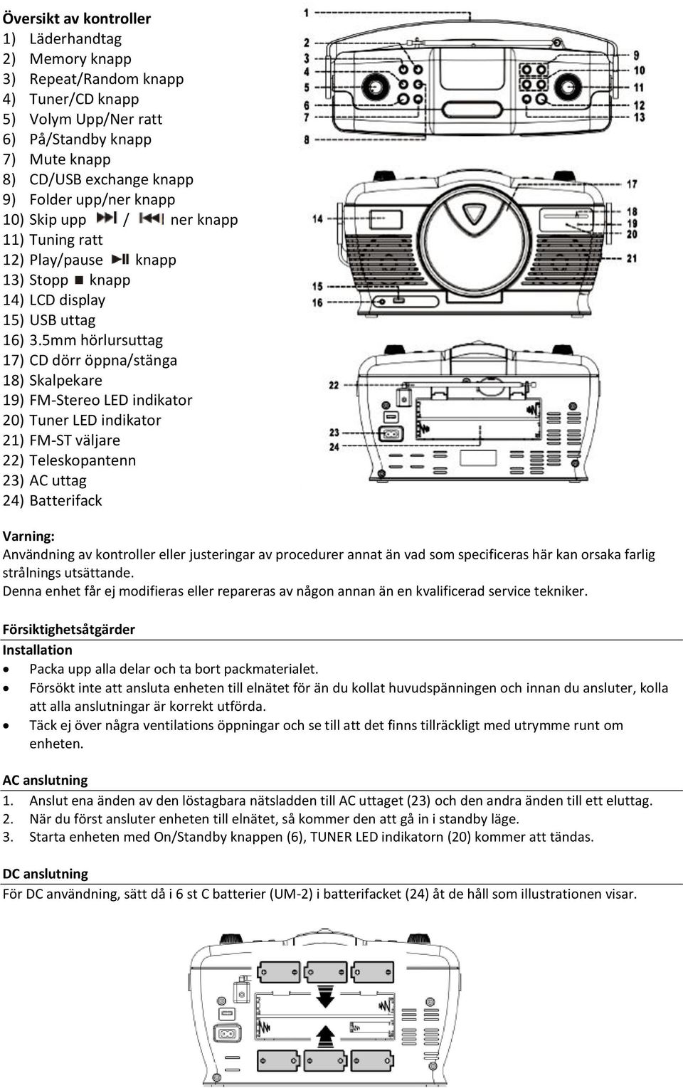 5mm hörlursuttag 17) CD dörr öppna/stänga 18) Skalpekare 19) FM-Stereo LED indikator 20) Tuner LED indikator 21) FM-ST väljare 22) Teleskopantenn 23) AC uttag 24) Batterifack Varning: Användning av