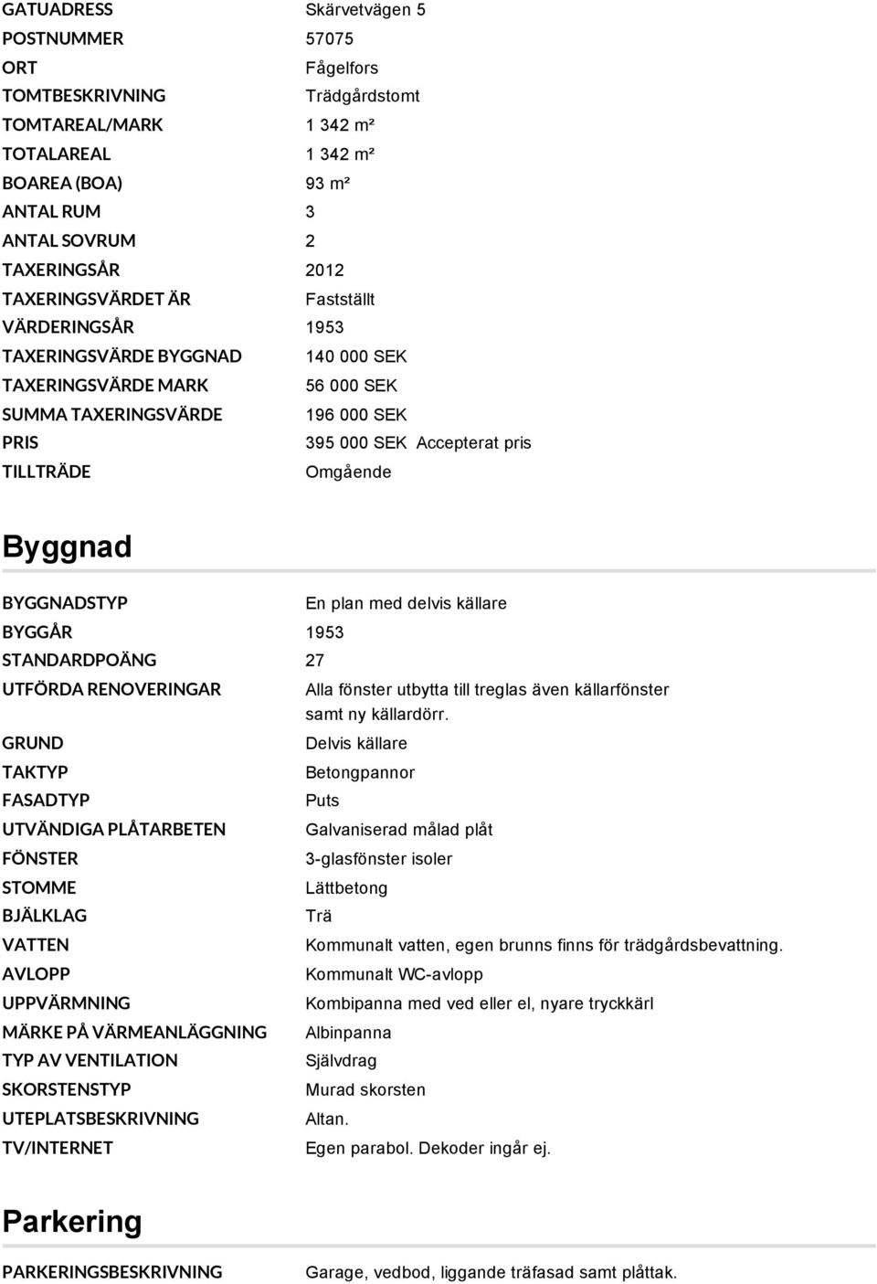 BYGGNADSTYP BYGGÅR 1953 STANDARDPOÄNG 27 UTFÖRDA RENOVERINGAR GRUND TAKTYP FASADTYP UTVÄNDIGA PLÅTARBETEN FÖNSTER STOMME BJÄLKLAG VATTEN AVLOPP UPPVÄRMNING MÄRKE PÅ VÄRMEANLÄGGNING TYP AV VENTILATION