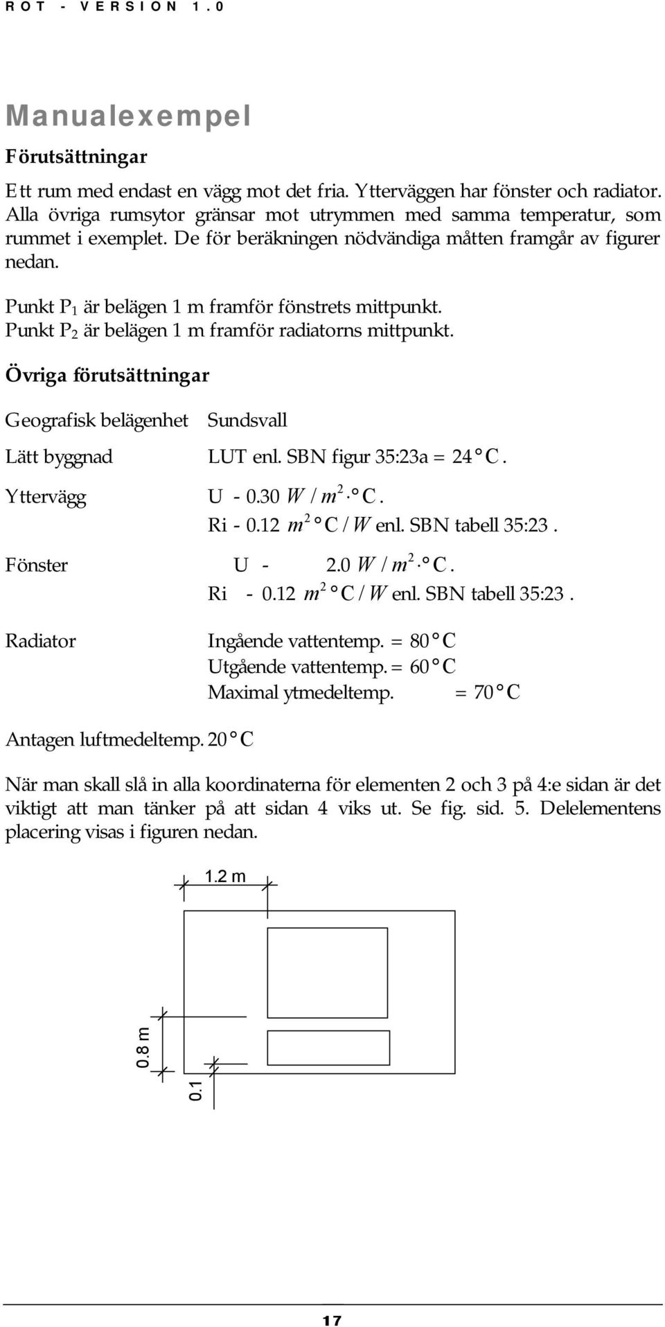 Övriga förutsättningar Geografisk belägenhet Sundsvall Lätt byggnad LUT enl. SBN figur 35:23a = 24 C. Yttervägg U - 0.30 W / m 2 C. Ri - 0.12 m 2 C / W enl. SBN tabell 35:23. Fönster U - 2.