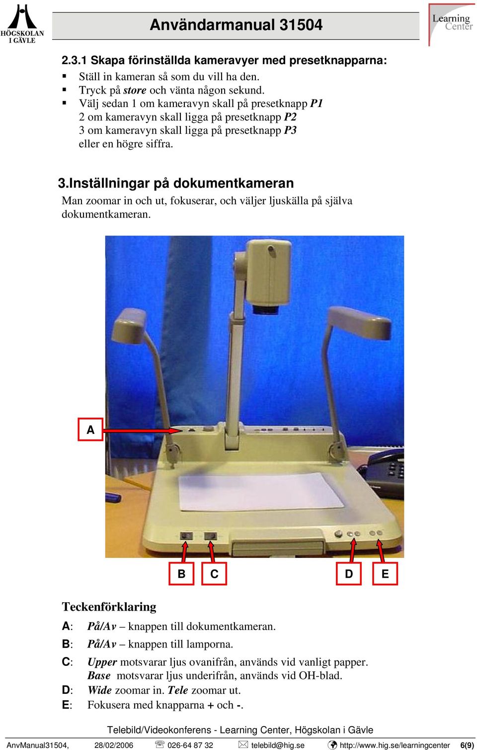 om kameravyn skall ligga på presetknapp P3 eller en högre siffra. 3.Inställningar på dokumentkameran Man zoomar in och ut, fokuserar, och väljer ljuskälla på själva dokumentkameran.
