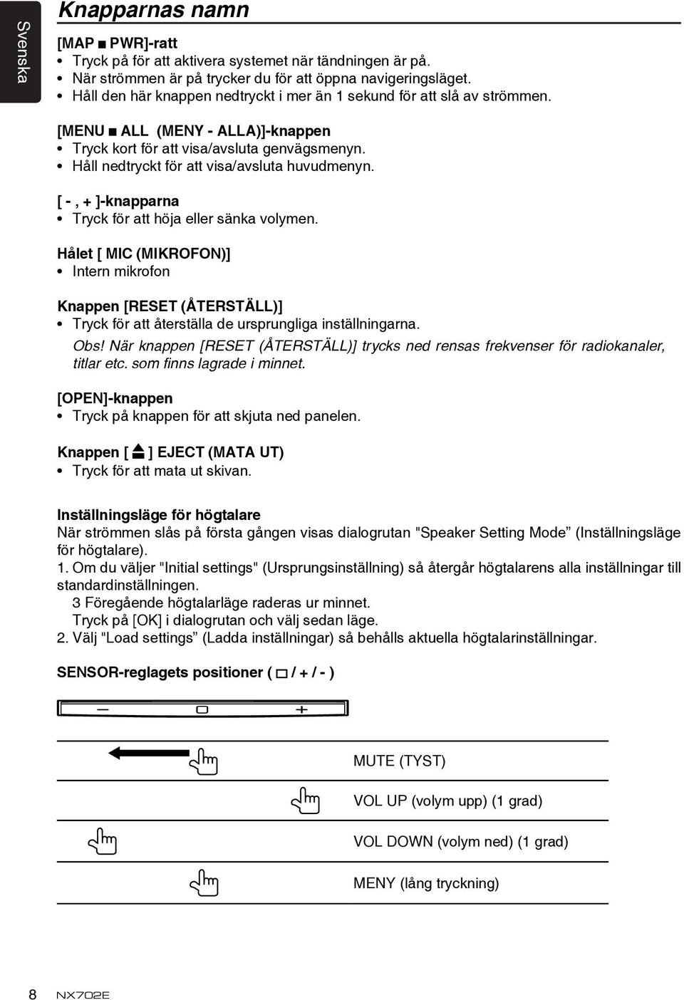 [ -, + ]-knapparna Tryck för att höja eller sänka volymen. Hålet [ MIC (MIKROFON)] Intern mikrofon Knappen [RESET (ÅTERSTÄLL)] Tryck för att återställa de ursprungliga inställningarna. Obs!