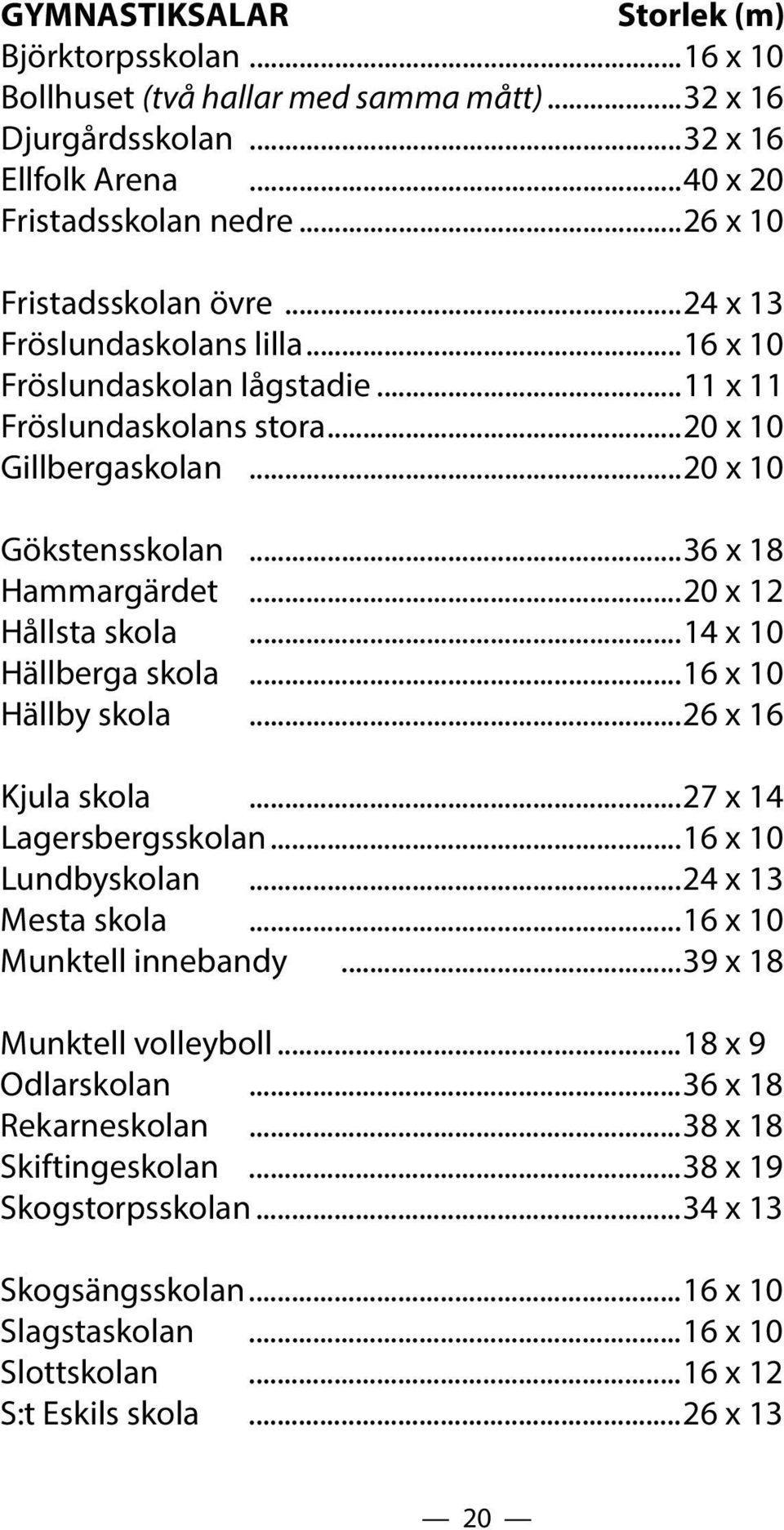 ..36 x 18 Hammargärdet...20 x 12 Hållsta skola...14 x 10 Hällberga skola...16 x 10 Hällby skola...26 x 16 Kjula skola...27 x 14 Lagersbergsskolan...16 x 10 Lundbyskolan...24 x 13 Mesta skola.