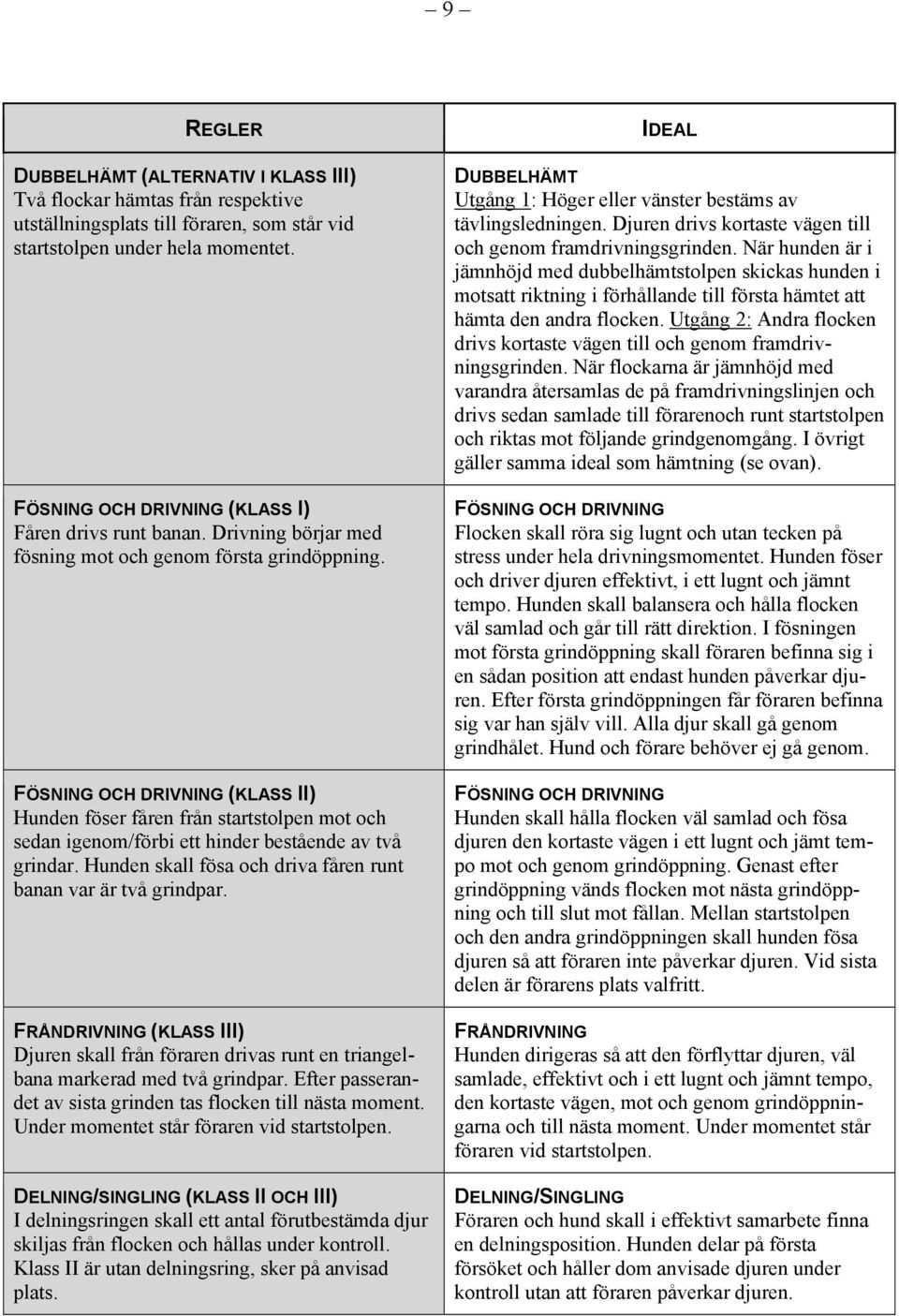 FÖSNING OCH DRIVNING (KLASS II) Hunden föser fåren från startstolpen mot och sedan igenom/förbi ett hinder bestående av två grindar. Hunden skall fösa och driva fåren runt banan var är två grindpar.