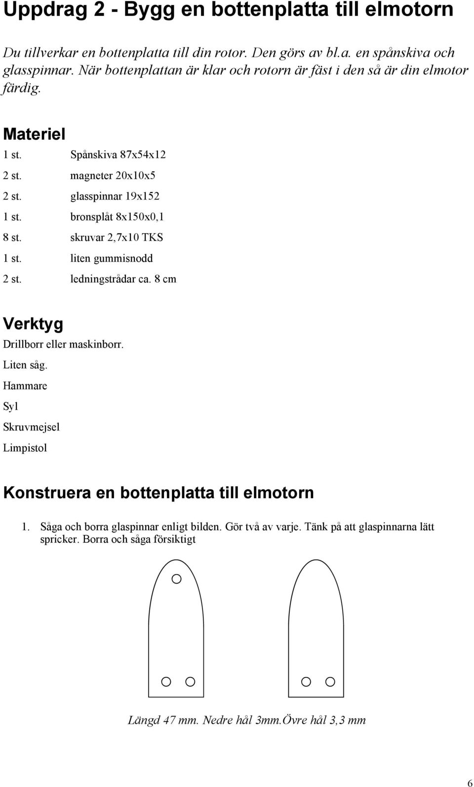 bronsplåt 8x150x0,1 8 st. skruvar 2,7x10 TKS 1 st. liten gummisnodd 2 st. ledningstrådar ca. 8 cm Verktyg Drillborr eller maskinborr. Liten såg.