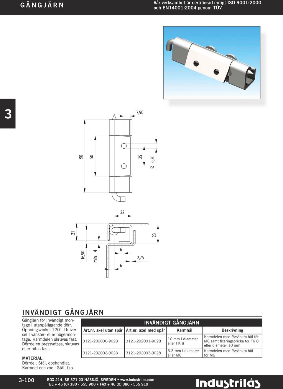 INVÄNDIGT GÅNGJÄRN Art.nr. axel utan spår Art.nr. axel med spår Karmhål Beskrivning 121-202000-9028 121-202001-9028 121-202002-9028 121-20200-9028 10 mm i diameter eller FK 8 6.