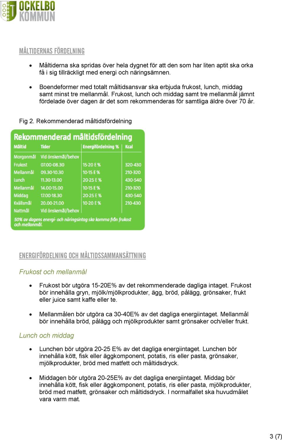 Frukost, lunch och middag samt tre mellanmål jämnt fördelade över dagen är det som rekommenderas för samtliga äldre över 70 år. Fig 2.