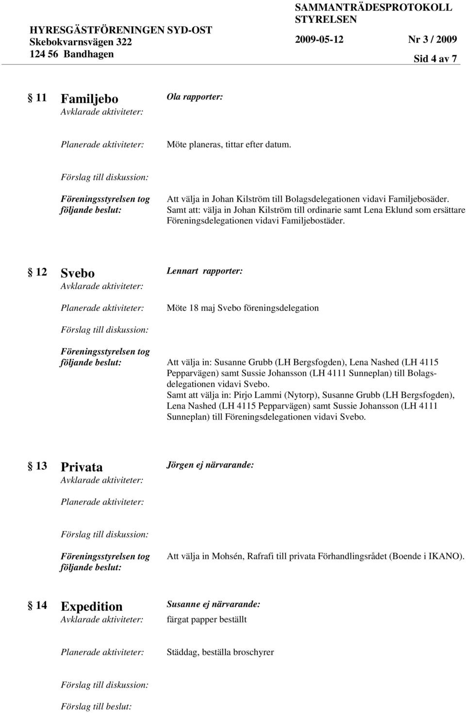 12 Svebo Lennart rapporter: Möte 18 maj Svebo föreningsdelegation Att välja in: Susanne Grubb (LH Bergsfogden), Lena Nashed (LH 4115 Pepparvägen) samt Sussie Johansson (LH 4111 Sunneplan) till