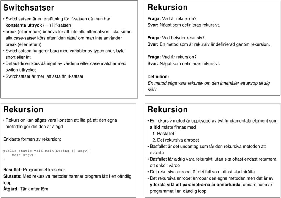 switch-uttrycket Switchsatser är mer lättlästa än if-satser Fråga: Vad är rekursion? Svar: Något som definieras rekursivt. Fråga: Vad betyder rekursiv?