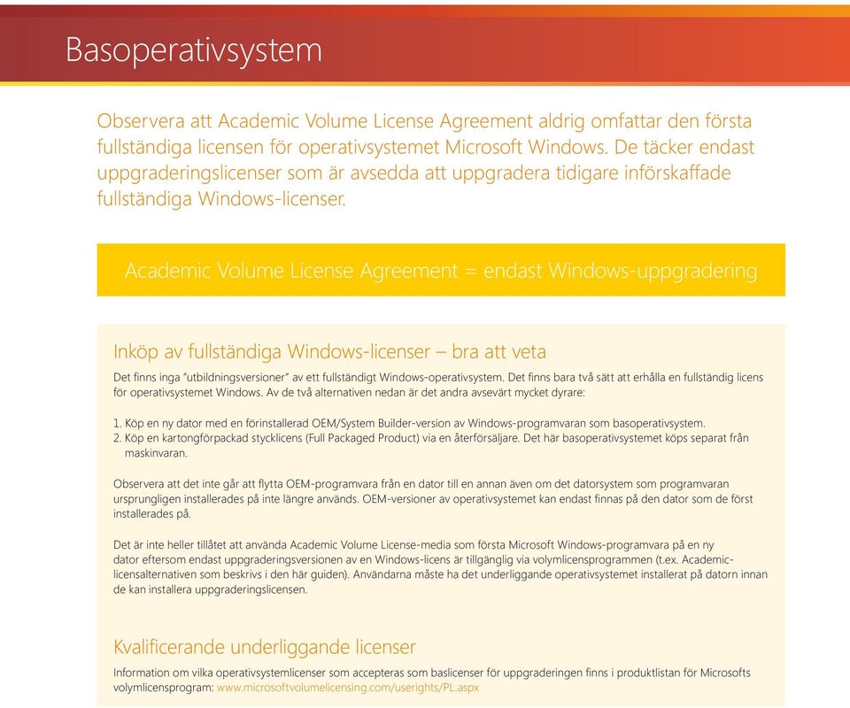 Academic Volume License Agreement = endast Windows-uppgradering Inköp av fullständiga Windows-licenser bra att veta Det finns inga utbildningsversioner av ett fullständigt Windows-operativsystem.