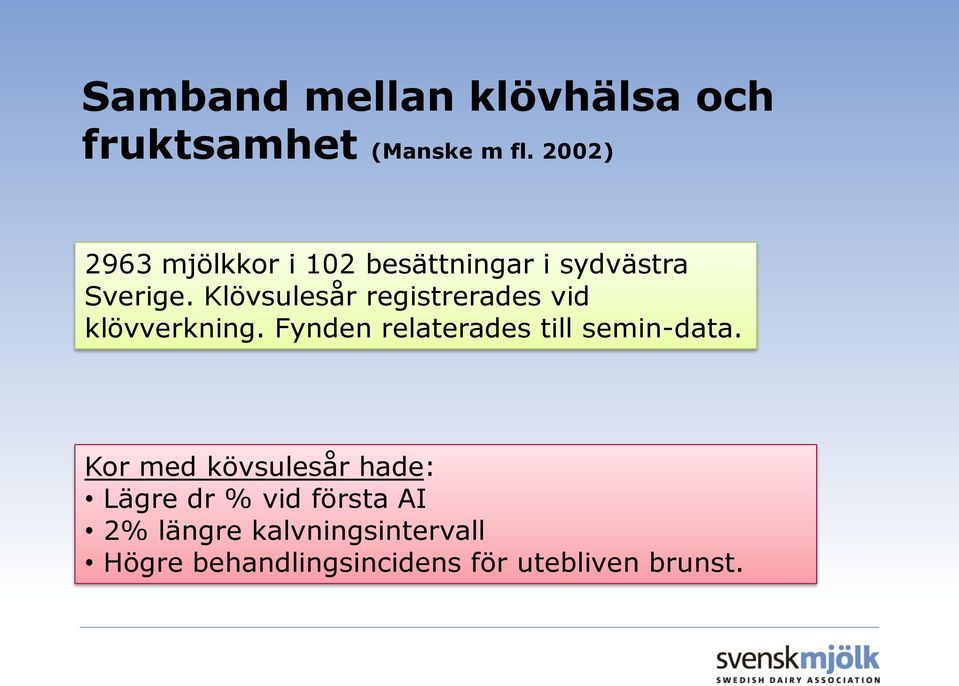 Klövsulesår registrerades vid klövverkning. Fynden relaterades till semin-data.