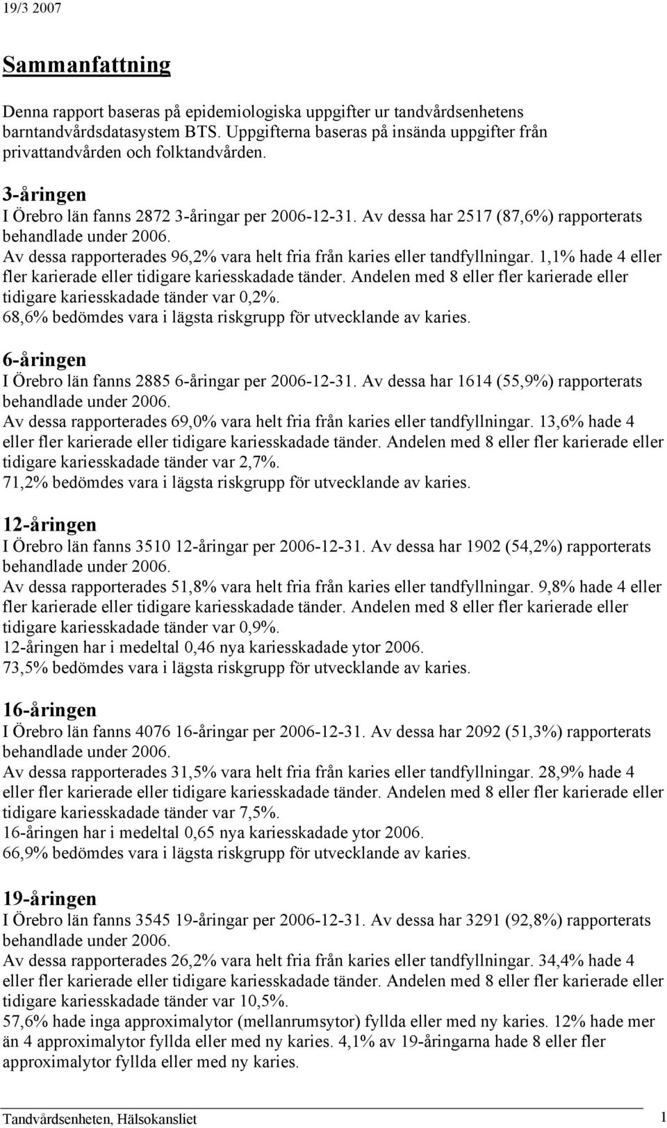 1,1% hade 4 eller fler karierade eller tidigare kariesskadade tänder. Andelen med 8 eller fler karierade eller tidigare kariesskadade tänder var,2%.