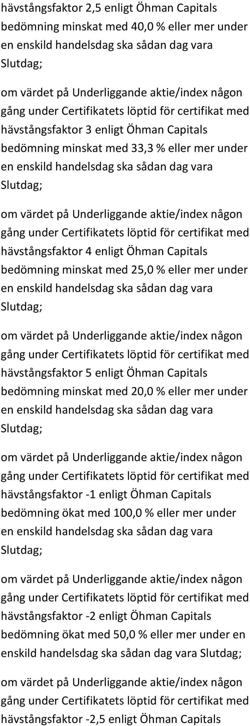 Slutdag; hävstångsfaktor 5 enligt Öhman Capitals bedömning minskat med 20,0 % eller mer under en enskild handelsdag ska sådan dag vara Slutdag; hävstångsfaktor -1 enligt Öhman Capitals bedömning ökat