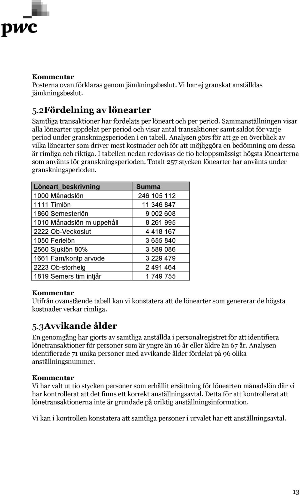 Analysen görs för att ge en överblick av vilka lönearter som driver mest kostnader och för att möjliggöra en bedömning om dessa är rimliga och riktiga.