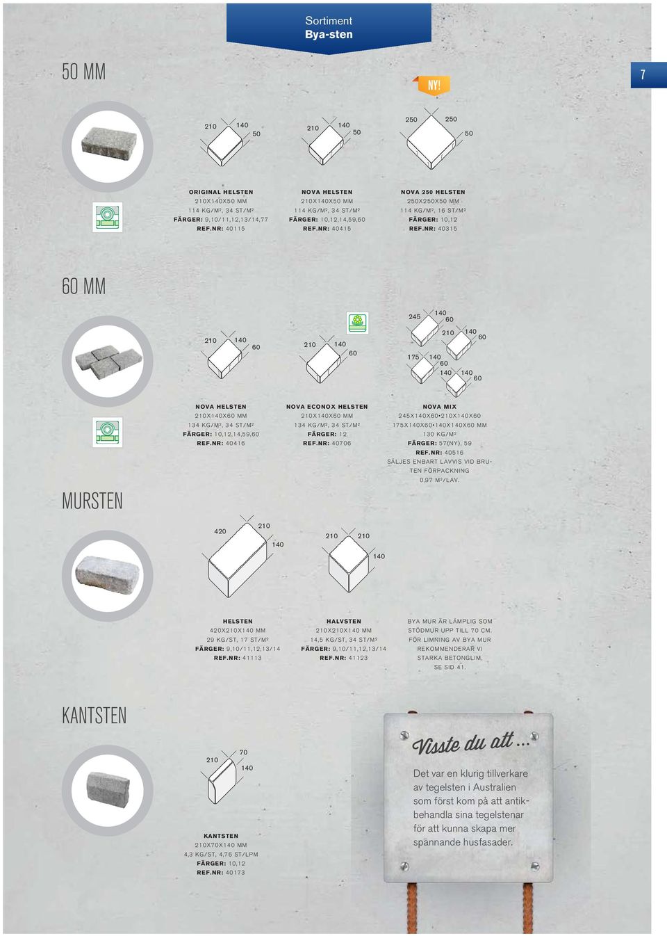 NR: 40315 60 MM 245 140 60 210 140 60 210 140 60 175 210 140 60 140 140 60 140 60 MURSTEN NOVA HELSTEN 210X140X60 MM 134 KG/M², 34 ST/M²,14,59,60 REF.