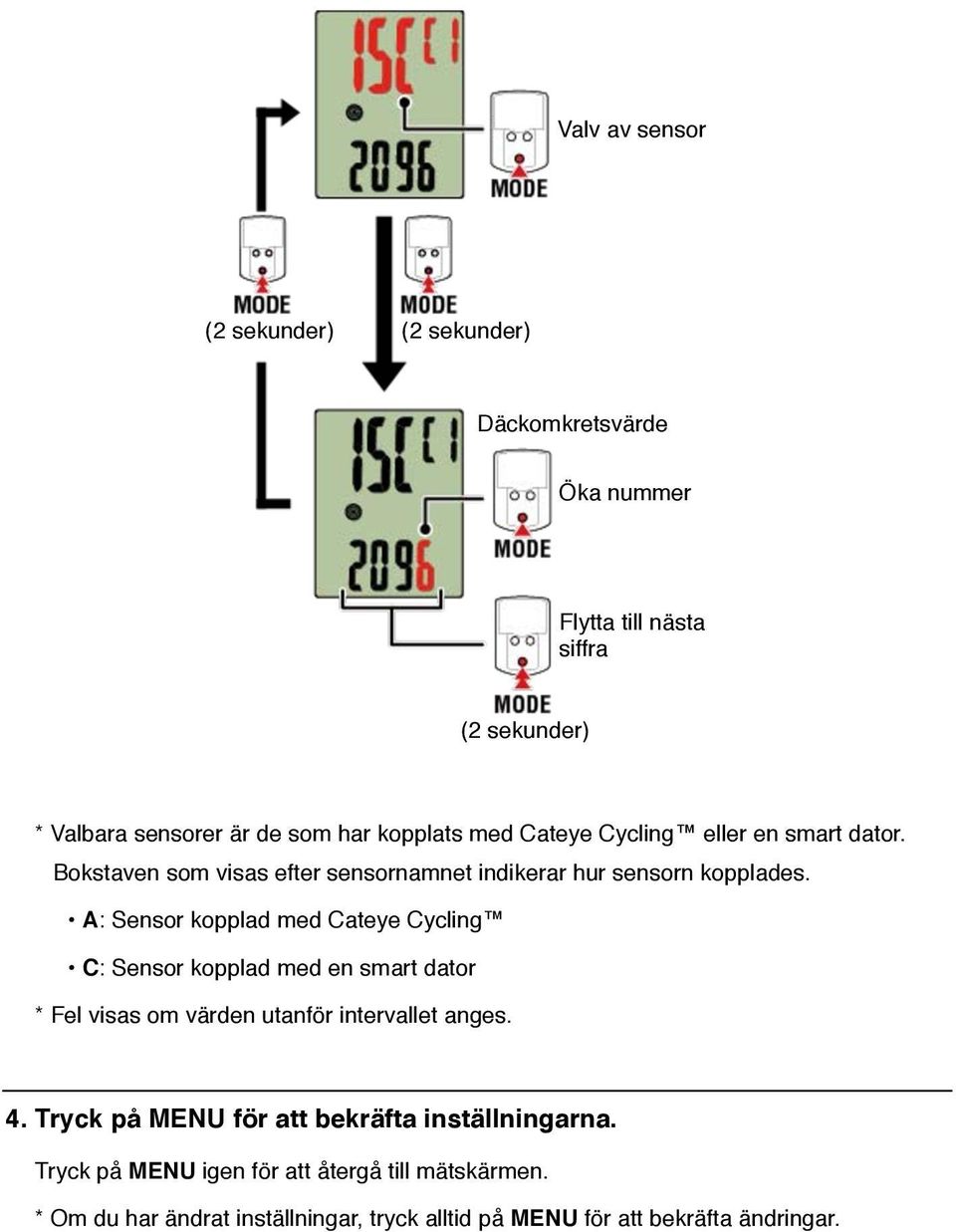 A: Sensor kopplad med Cateye Cycling C: Sensor kopplad med en smart dator * Fel visas om värden utanför intervallet anges. 4.