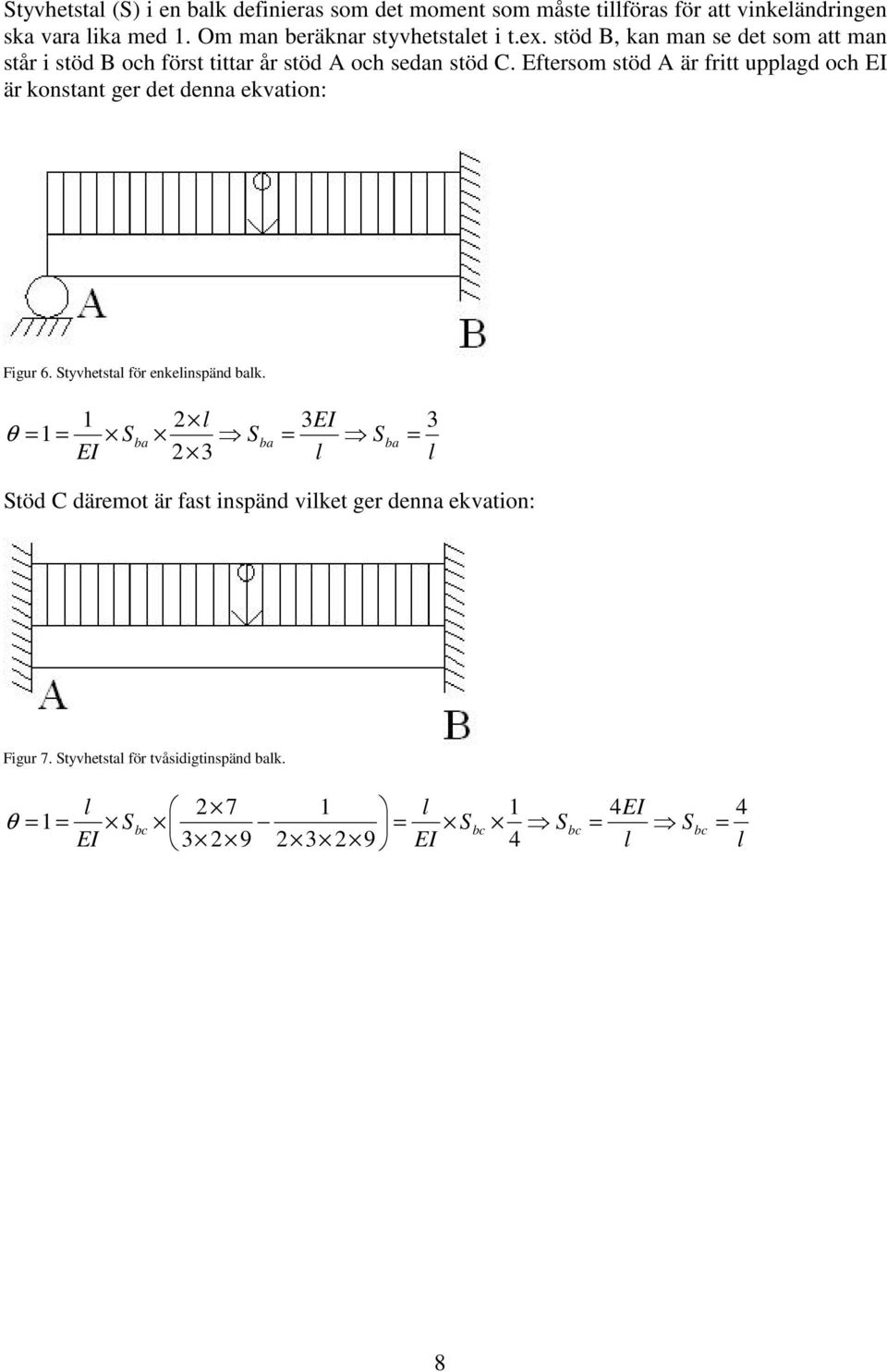 Eftersom stöd A är fritt upplagd och EI är konstant ger det denna ekvation: Figur 6. Styvhetstal för enkelinspänd balk.
