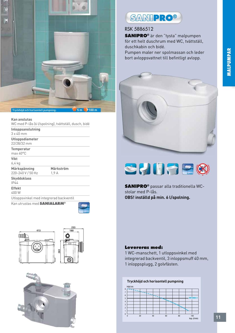 MALPUMPAR : 5 m 100 m Kan anslutas WC med P-lås (6 l/spolning), tvättställ, dusch, bidé Inloppsanslutning 3 x 40 mm /8/3 mm max 40 C 6,4 kg Märkspänning Märkström 0-40 V / 50 Hz