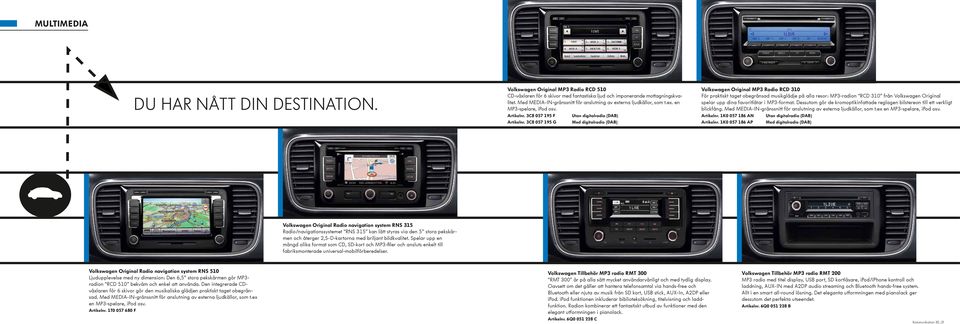 3C8 057 195 G Med digitalradio (DAB) Volkswagen Original MP3 Radio RCD 310 För praktiskt taget obegränsad musikglädje på alla resor: MP3-radion RCD 310 från Volkswagen Original spelar upp dina