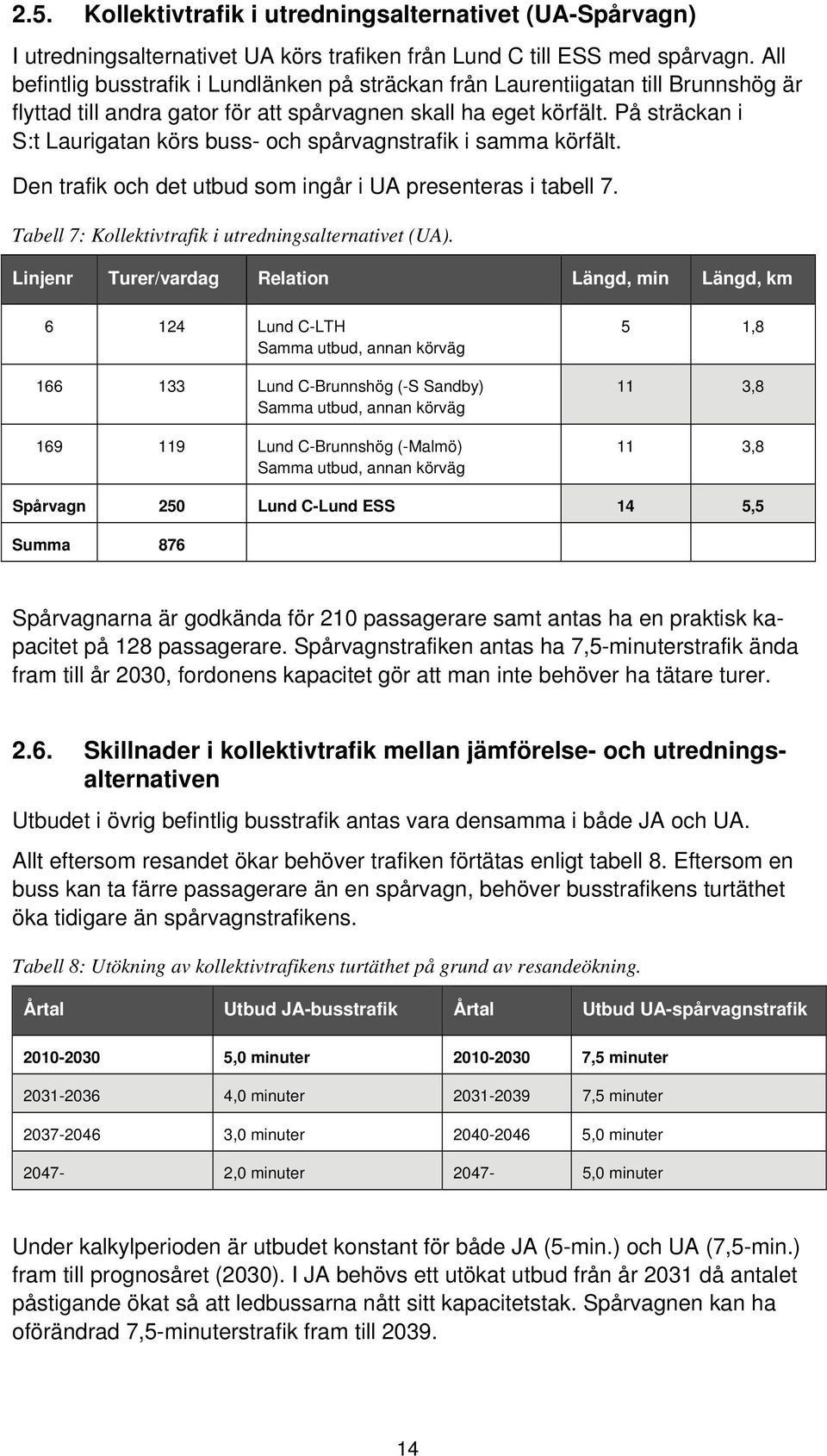 På sträckan i S:t Laurigatan körs buss- och spårvagnstrafik i samma körfält. Den trafik och det utbud som ingår i UA presenteras i tabell 7. Tabell 7: Kollektivtrafik i utredningsalternativet (UA).