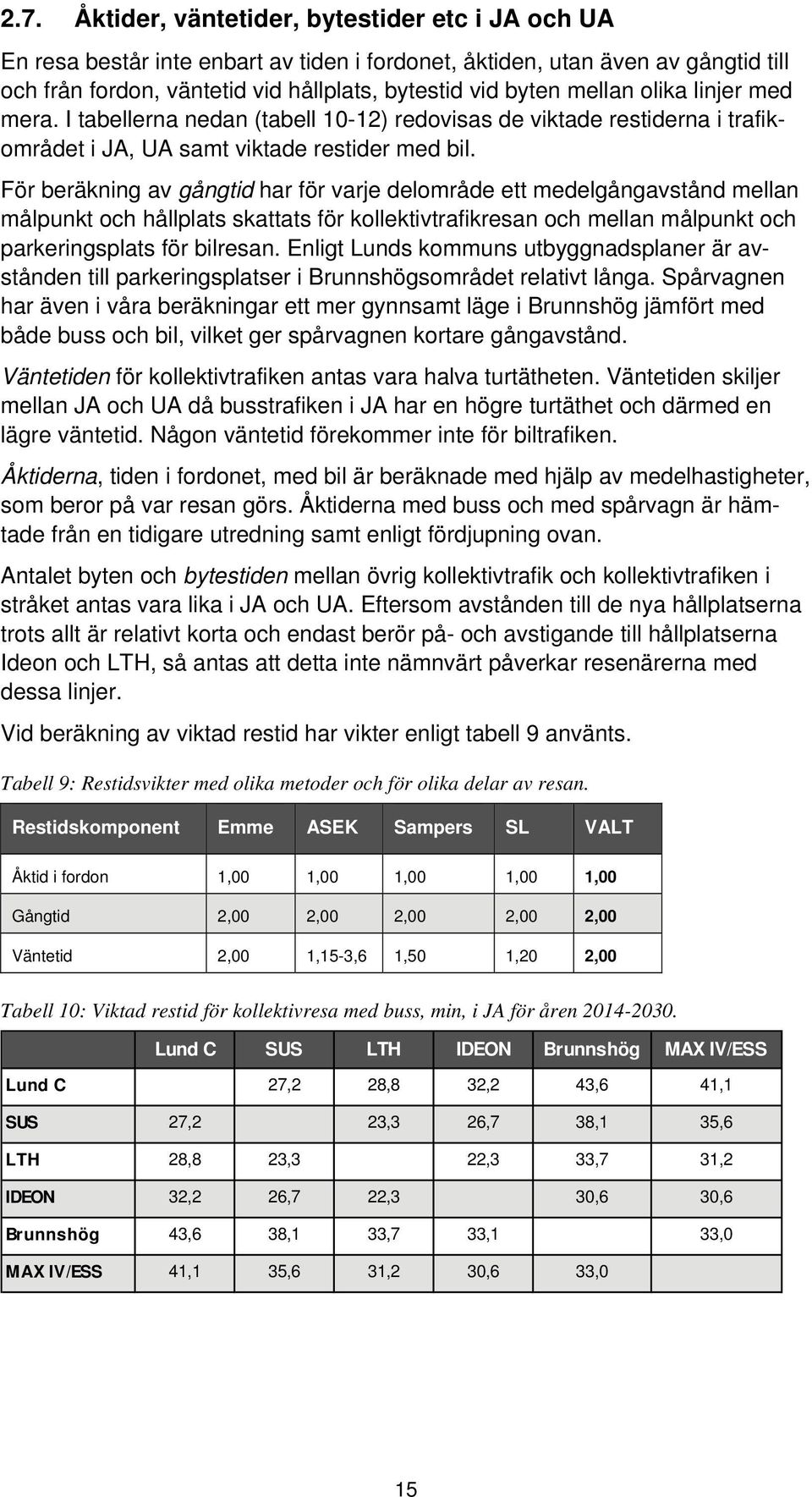 För beräkning av gångtid har för varje delområde ett medelgångavstånd mellan målpunkt och hållplats skattats för kollektivtrafikresan och mellan målpunkt och parkeringsplats för bilresan.