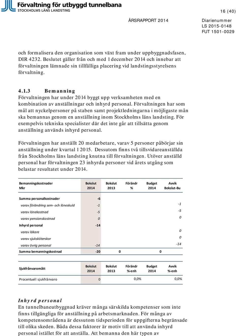 Förvaltningen har som mål att nyckelpersoner på staben samt projektledningarna i möjligaste mån ska bemannas genom en anställning inom Stockholms läns landsting.