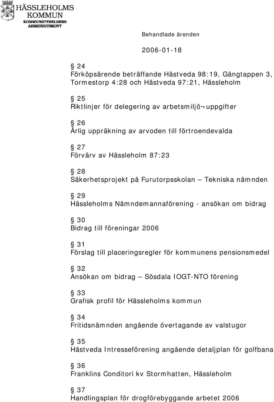 Bidrag till föreningar 2006 31 Förslag till placeringsregler för kommunens pensionsmedel 32 Ansökan om bidrag Sösdala IOGT-NTO förening 33 Grafisk profil för Hässleholms kommun 34