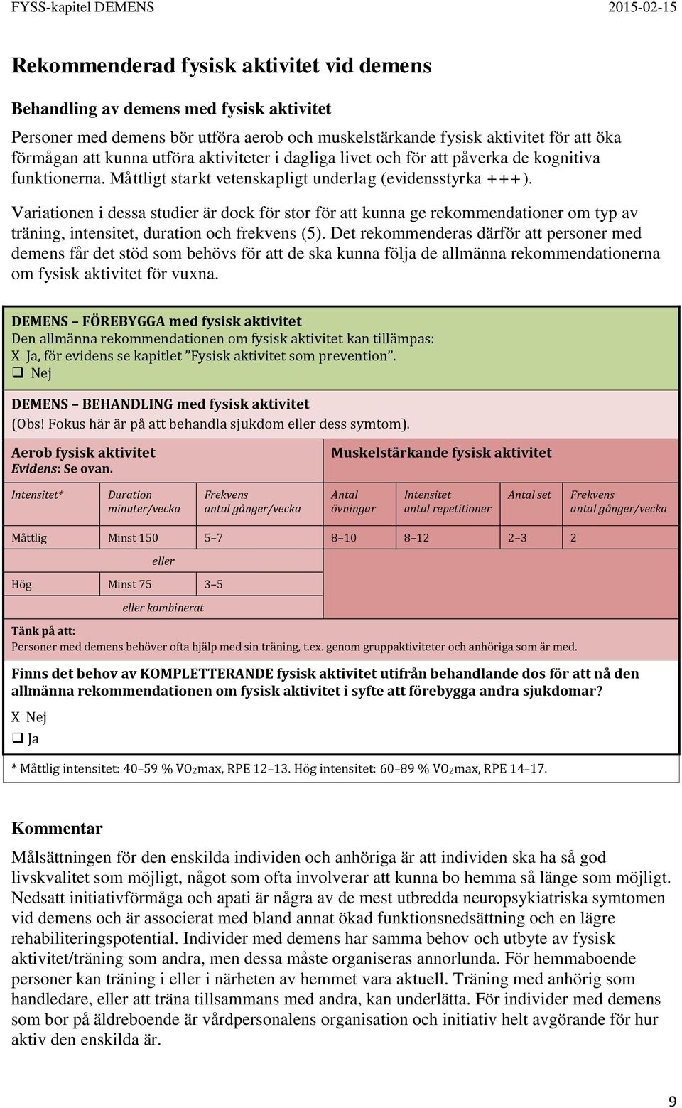 Variationen i dessa studier är dock för stor för att kunna ge rekommendationer om typ av träning, intensitet, duration och frekvens (5).