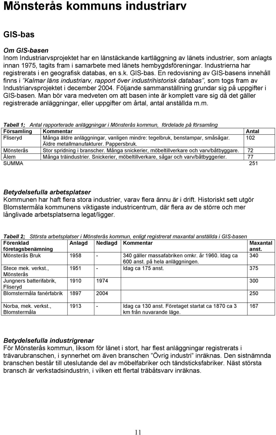 En redovisning av GIS-basens innehåll finns i Kalmar läns industriarv, rapport över industrihistorisk databas, som togs fram av Industriarvsprojektet i december 2004.