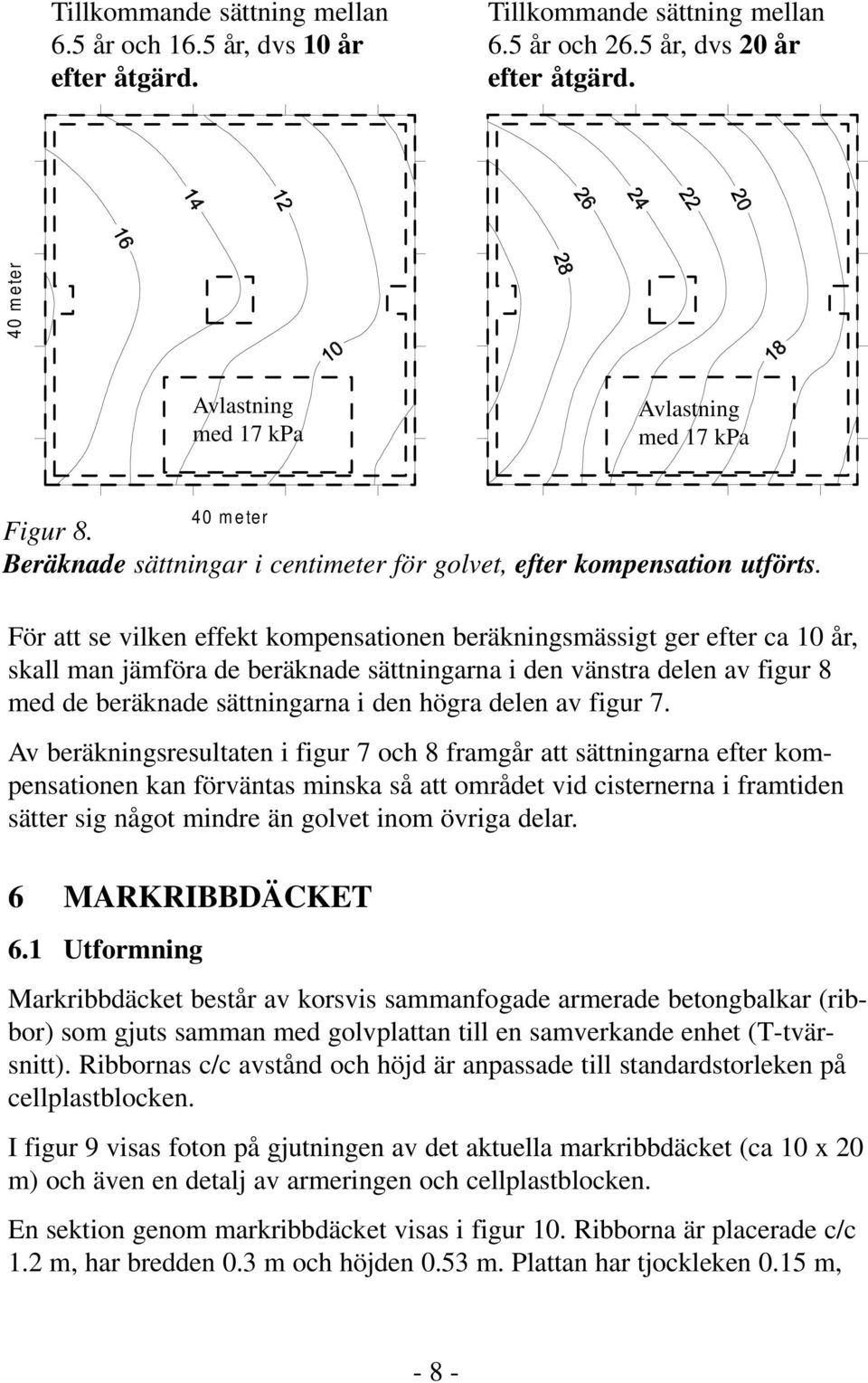 För att se vilken effekt kompensationen beräkningsmässigt ger efter ca 10 år, skall man jämföra de beräknade sättningarna i den vänstra delen av figur 8 med de beräknade sättningarna i den högra