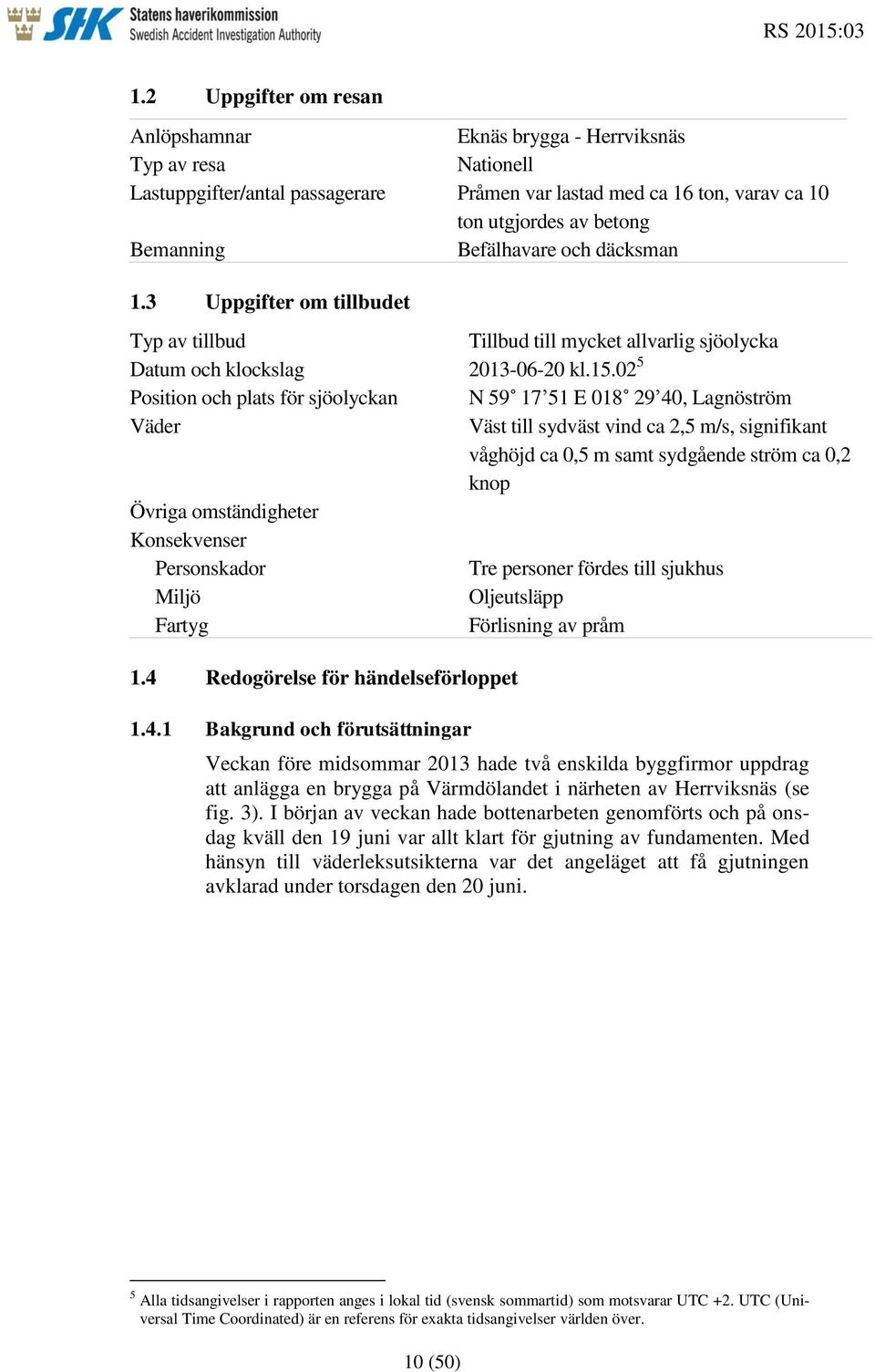 02 5 Position och plats för sjöolyckan N 59 17 51 E 018 29 40, Lagnöström Väder Väst till sydväst vind ca 2,5 m/s, signifikant våghöjd ca 0,5 m samt sydgående ström ca 0,2 knop Övriga omständigheter