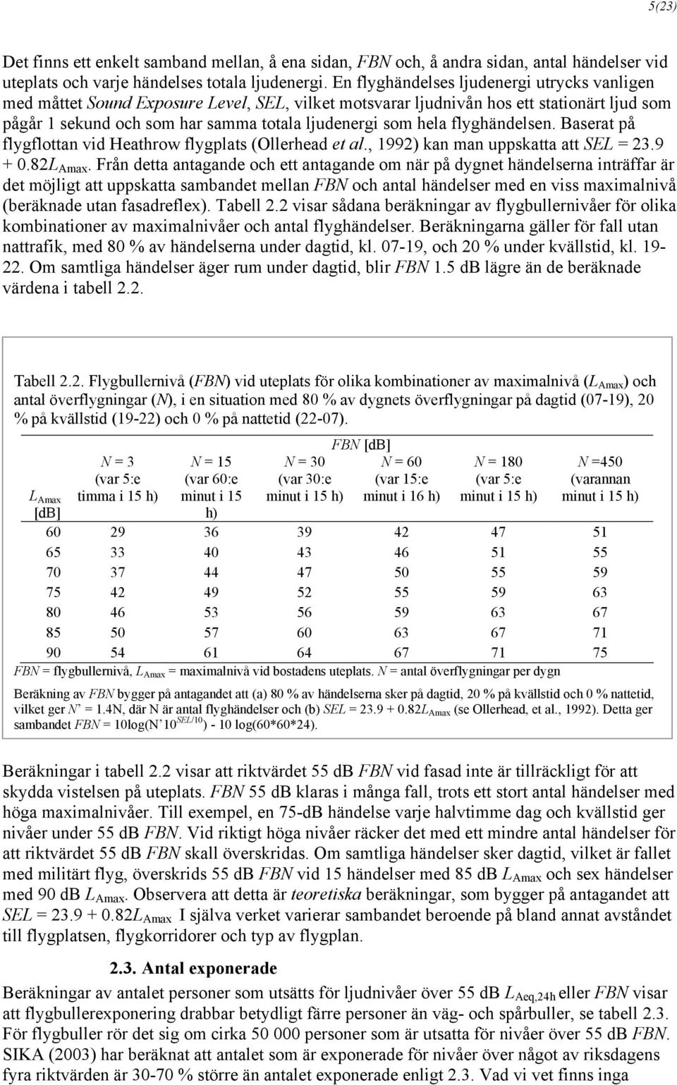 flyghändelsen. Baserat på flygflottan vid Heathrow flygplats (Ollerhead et al., 1992) kan man uppskatta att SEL = 23.9 + 0.82L Amax.