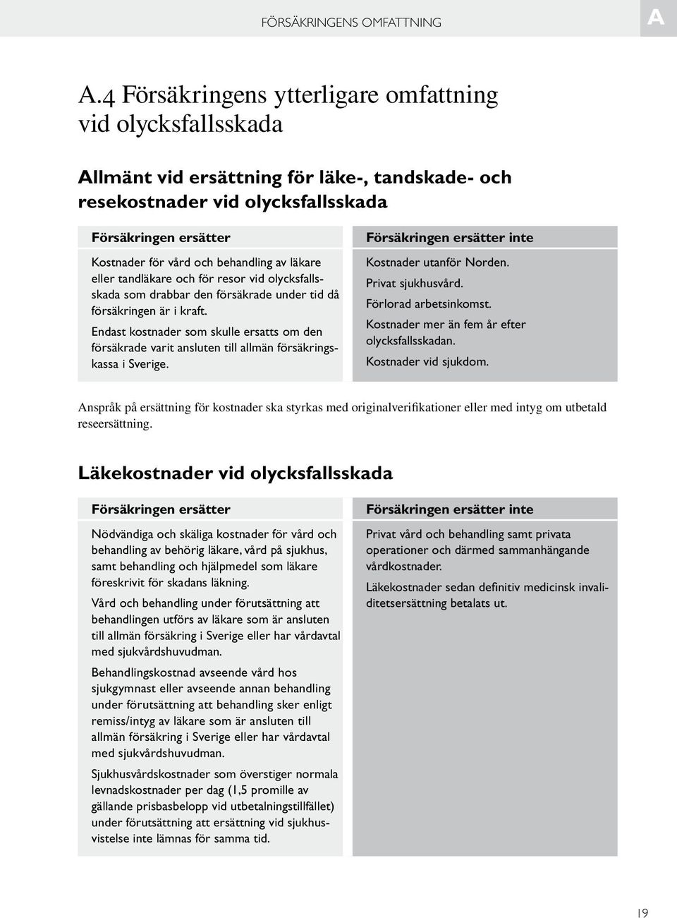 av läkare eller tandläkare och för resor vid olycksfallsskada som drabbar den försäkrade under tid då försäkringen är i kraft.
